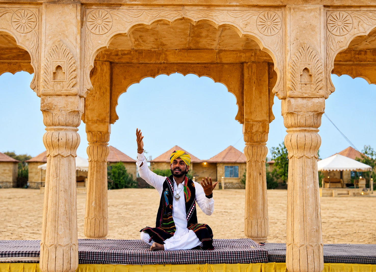 Traditional Rajasthani folk performer at a heritage haveli in Jaisalmer